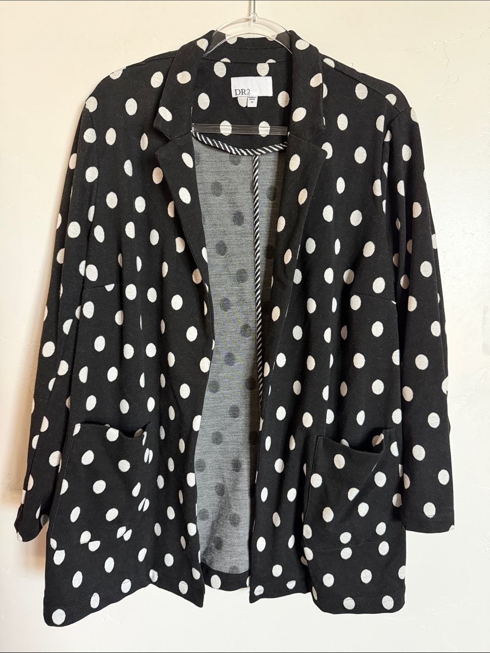 DR2 Black and White Polka Dot Open Blazer Heavy Stretch Sweater Material